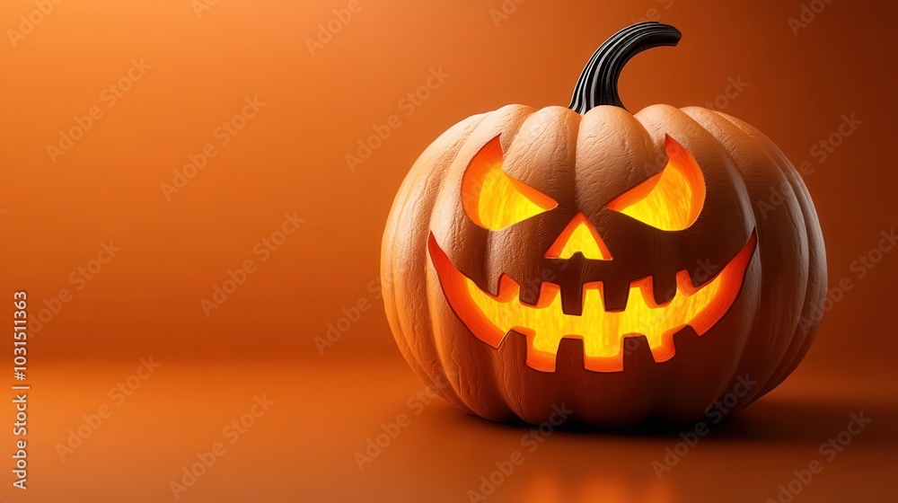 Spooky Halloween Pumpkin with Glowing Face on Orange Background for Seasonal Festivities and Autumn Celebrations Spooky Halloween Pumpkin with Glowing Face on Orange Background for Seasonal Festivities and Autumn Celebrations