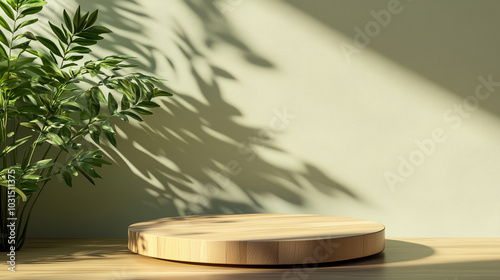 A 3D Wooden Podium on a Green Background with Tree Branch for Product Display and Presentation.