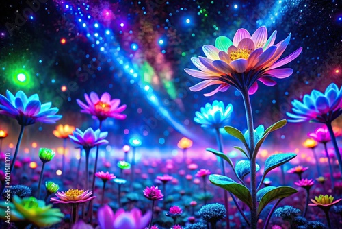 neon lit garden blooming with fluorescent flowers under starry sky, dmt art style photo