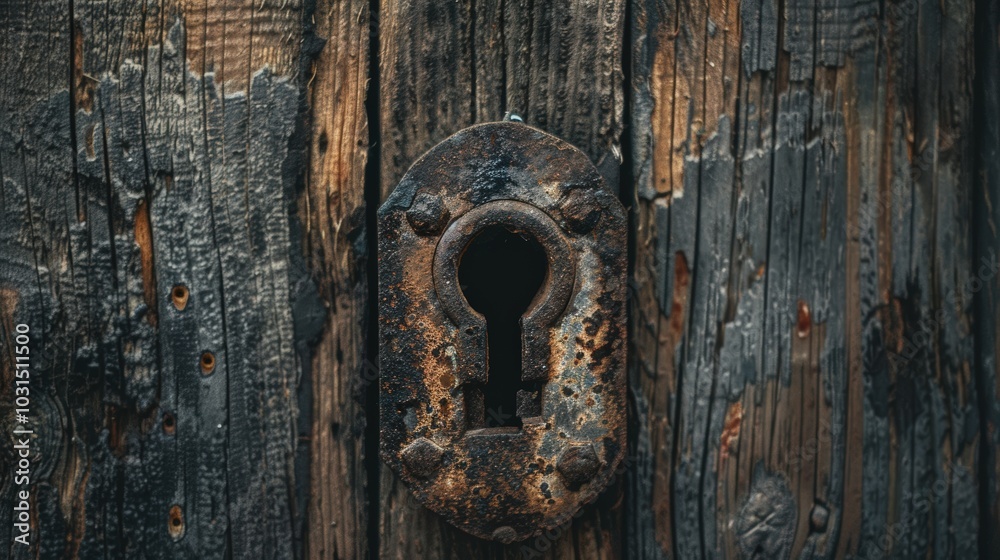 Rustic Lock on Weathered Wood Background Rustic Lock on Weathered Wood Background