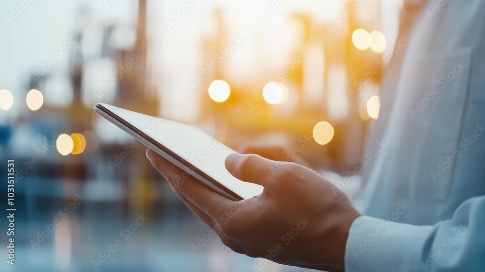 Naklejka premium Person holding tablet with blurred background in a modern business environment.