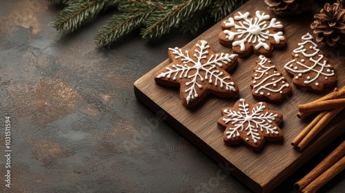 Handcrafted christmas gingerbread cookies with icing on wooden board, surrounded by pinecones and cinnamon sticks