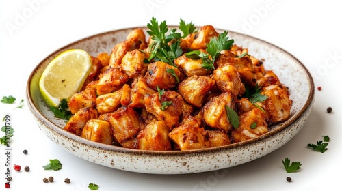 Spicy Fried Chicken Bites with Parsley and Lemon.