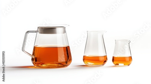 Glass carafe and decanters with amber liquid.