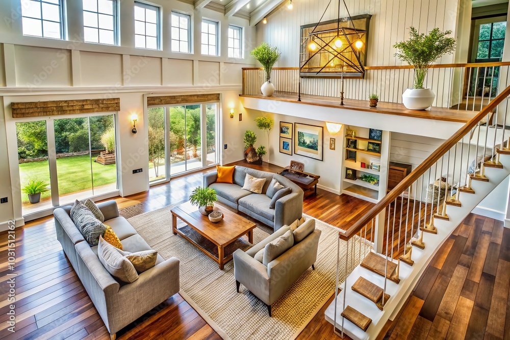 Modern Farmhouse Living Room with Mockup Poster Frame and Wooden Staircase Modern Farmhouse Living Room with Mockup Poster Frame and Wooden Staircase