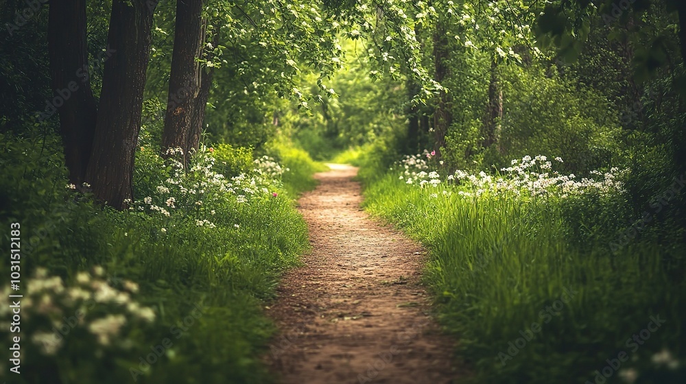 Obraz premium Serene Forest Path Surrounded by Lush Greenery
