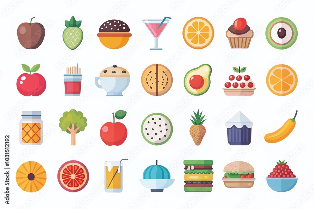 Modern Flat Icons for Food Apps and Websites - Stylish and Colorful Design Elements Modern Flat Icons for Food Apps and Websites - Stylish and Colorful Design Elements