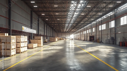 Spacious Modern Warehouse Interior with Stacked Wooden Crates and Sunlight Streaming Through Large Windows