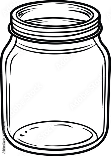 Continuous Line Art Glass Canning Jar for Food Preservation. Black linear sketch isolated on white background.