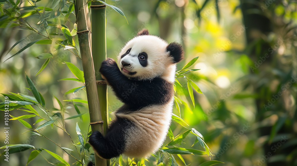 Obraz premium A cute baby panda clinging to a tall bamboo stalk