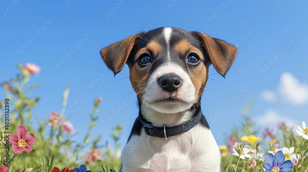 A cute dog stands in a field of colorful flowers under a bright blue sky, showcasing its playful and curious demeanor.