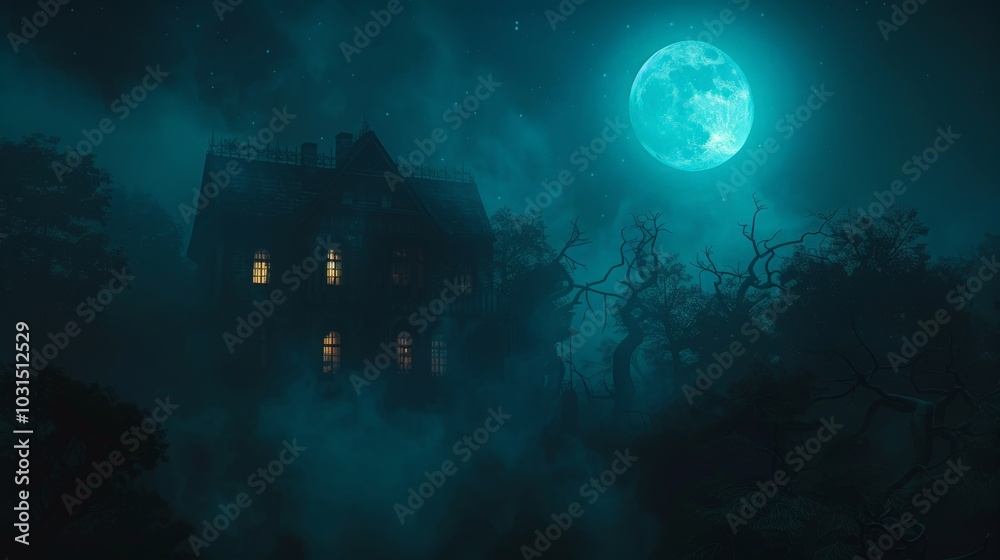 Obraz premium A haunted house with Gothic architecture, silhouetted against a full moon