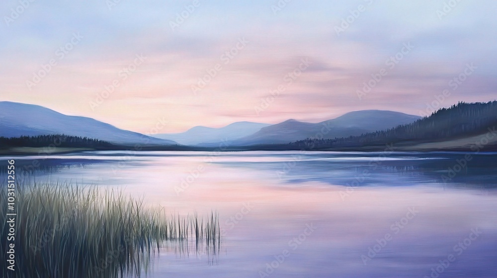 Serene Lake at Dusk with Gentle Mountains in Background Serene Lake at Dusk with Gentle Mountains in Background