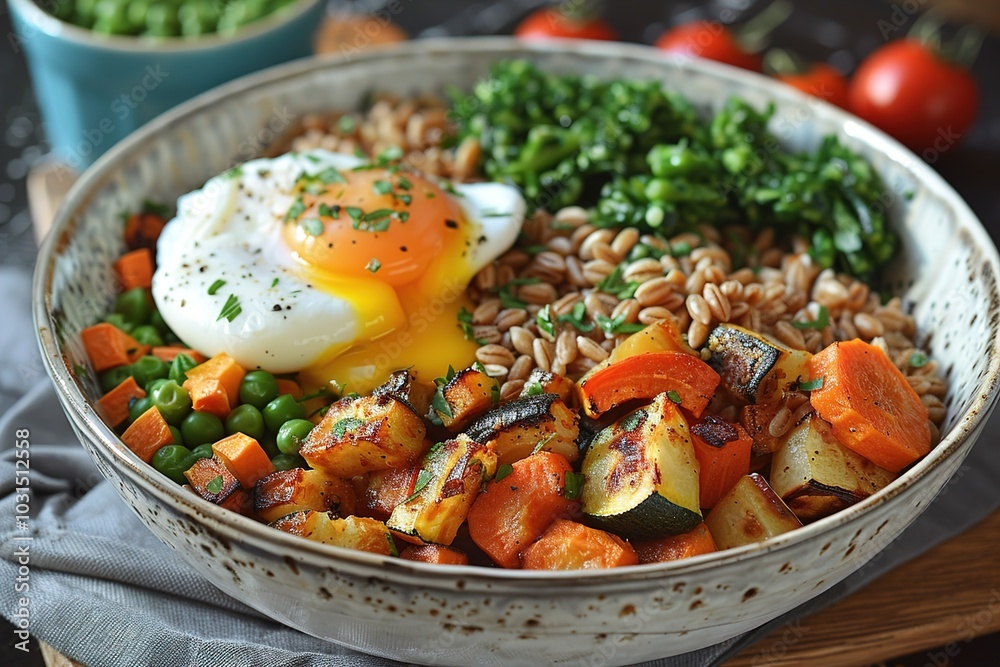 A vibrant bowl of healthy grains, vegetables, and a poached egg, showcasing nutritious food. A vibrant bowl of healthy grains, vegetables, and a poached egg, showcasing nutritious food.