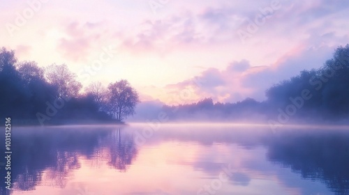 Serene Misty Lake at Dawn with Soft Pastel Colors