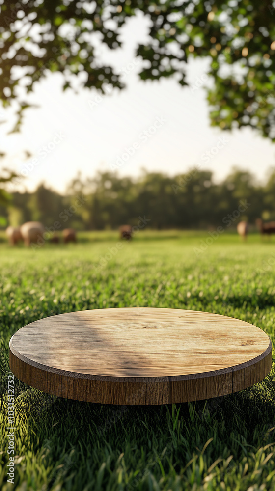 3D Wooden Round Podium with a Cow Farm, Background for Product Display 3D Wooden Round Podium with a Cow Farm, Background for Product Display