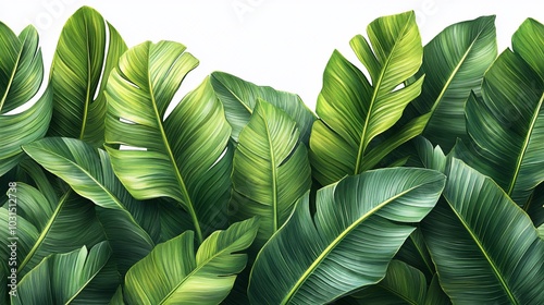 Lush green banana leaves border on white background.