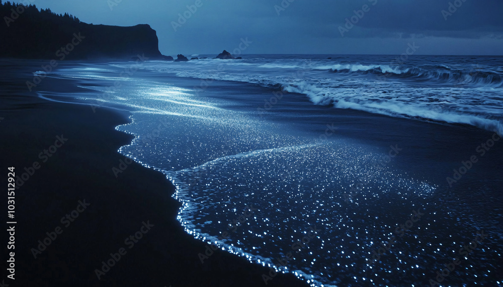 Fototapeta premium A vast ocean with black sand beaches, where the waves shimmer with metallic silver foam under a twilight sky
