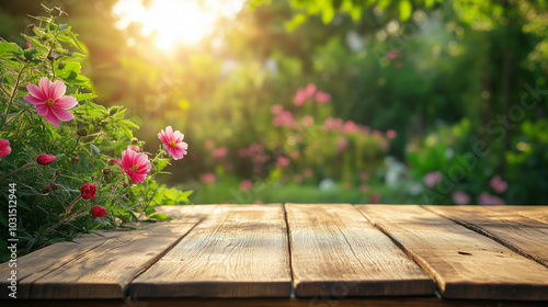 Wooden tabletop set against the backdrop of a garden.