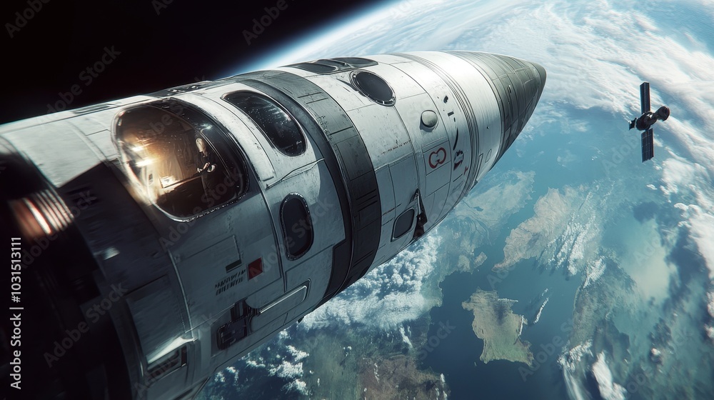 Fototapeta premium Spaceship Orbiting Earth with Astronaut Visible Through Window - Futuristic Space Travel Concept.