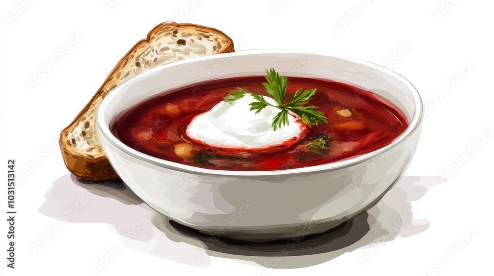 Bowl of borscht with sour cream and bread. Bowl of borscht with sour cream and bread.