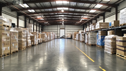 Large Industrial Warehouse Interior with Stacked Pallets and Shelving in a Well-Lit Space