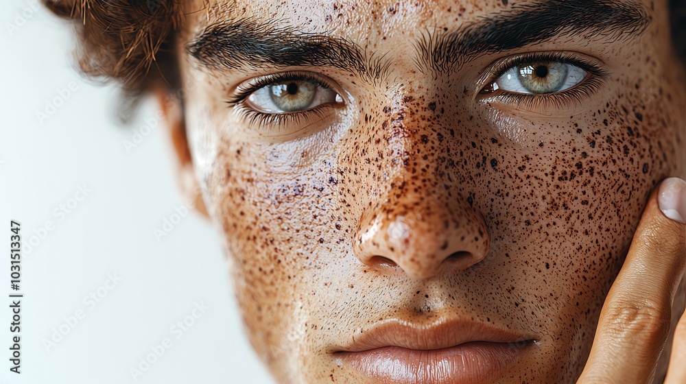 Fototapeta premium A close-up portrait of a young man showcasing his unique freckles and striking green eyes, capturing natural beauty and individuality.