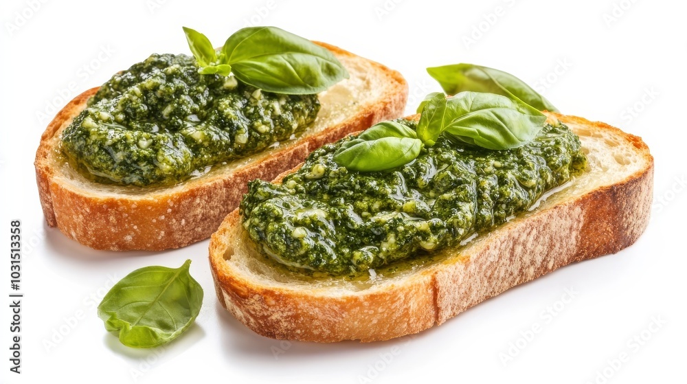Two Bruschetta Toasts with Pesto and Fresh Basil. Two Bruschetta Toasts with Pesto and Fresh Basil.