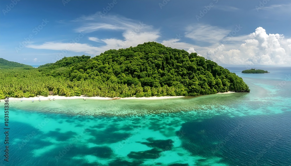 Obraz premium Tropical island paradise with crystal clear waters and lush greenery