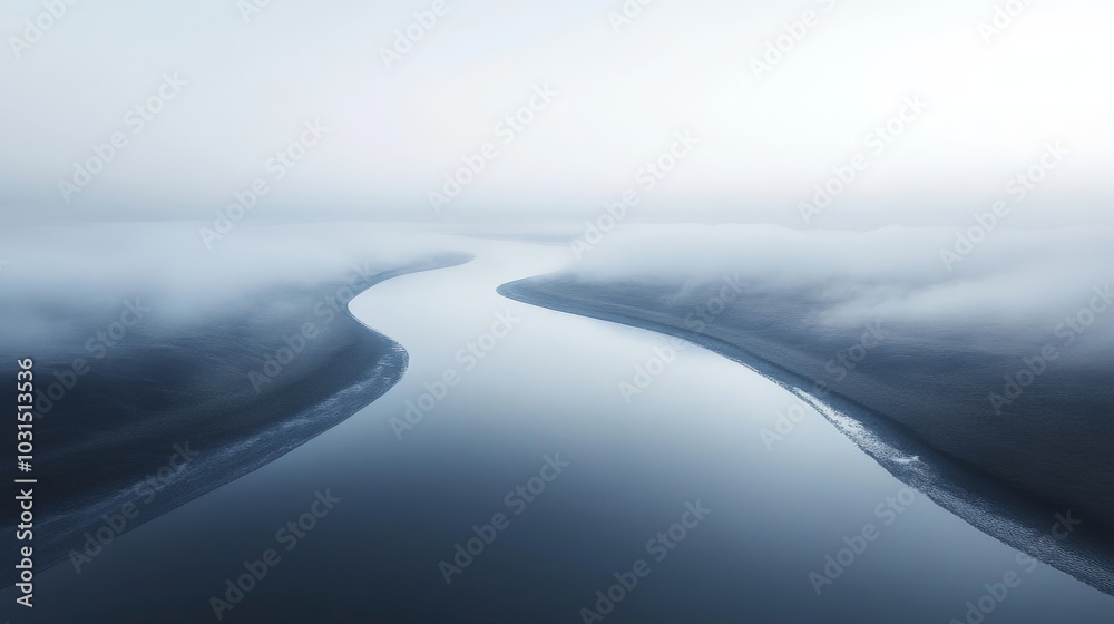 river, dense, fog, landscape, minimalist, winding, cutting, dark, sky, winter, snow, ice, clouds, nature, cloud, sea, cold, water, horizon, aerial, ocean, frozen, view, travel, fly, above, white, flyi