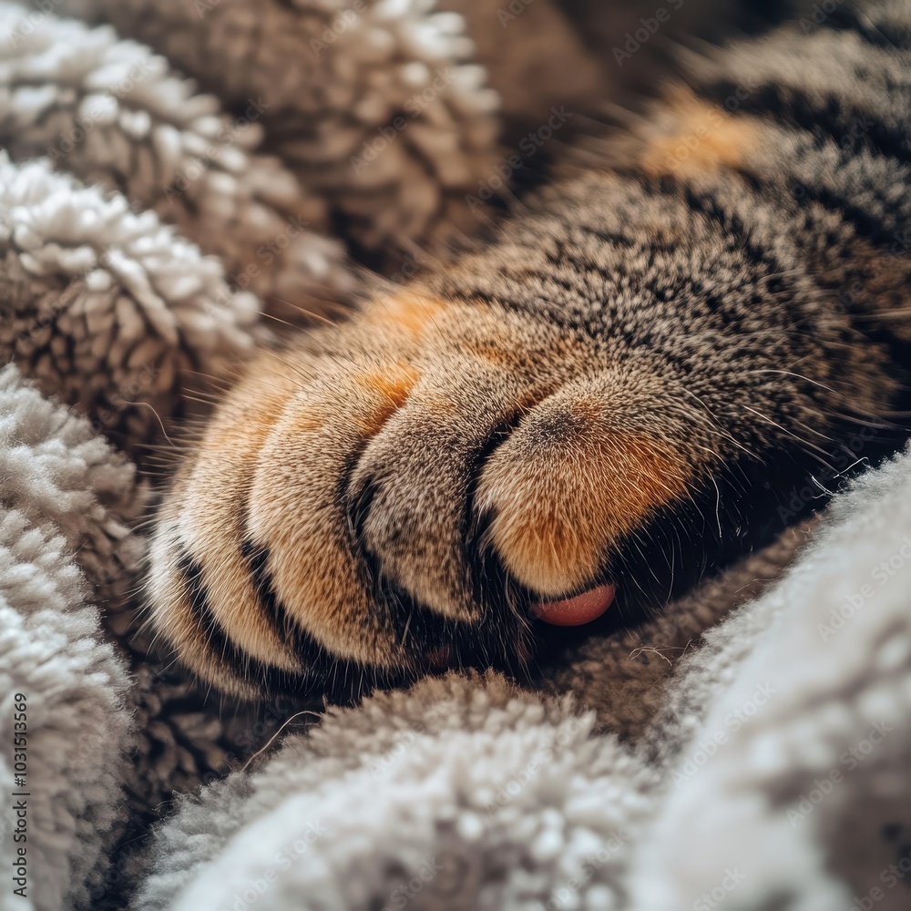 Close-up of a Cat's Paw Resting on a Soft Blanket, Showing Delicate Fur and Pink Pad Close-up of a Cat's Paw Resting on a Soft Blanket, Showing Delicate Fur and Pink Pad