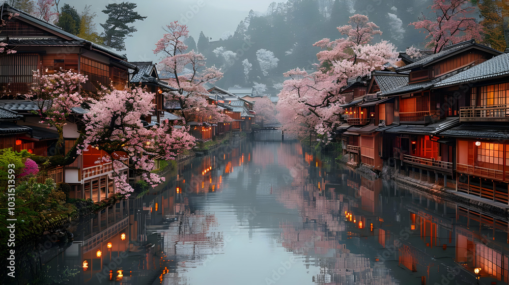 Fototapeta premium Traditional Japanese Houses with Cherry Blossoms and Reflections in a Canal - Photo