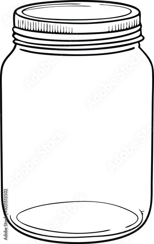 Continuous Line Art Glass Canning Jar for Food Preservation. Black linear sketch isolated on white background.