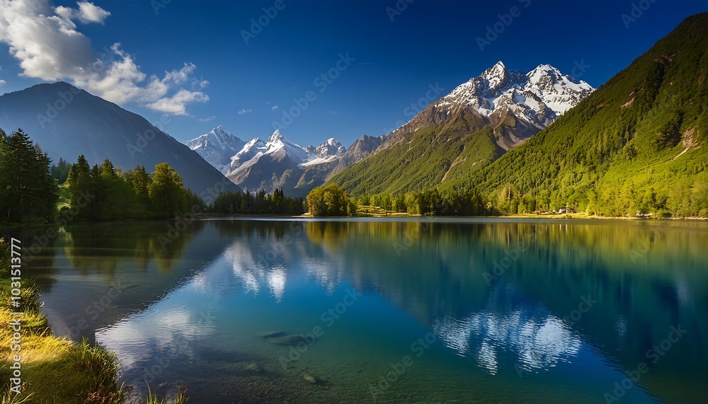 Scenic alpine lake reflecting snow-capped mountains under a blue sky in New Zealand Scenic alpine lake reflecting snow-capped mountains under a blue sky in New Zealand