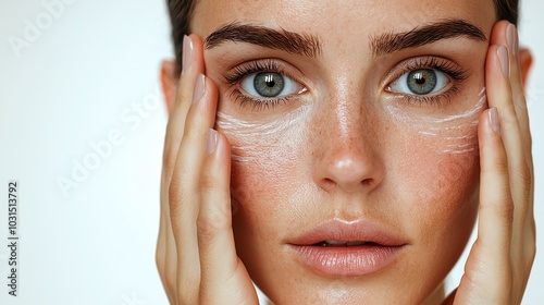 Close-up of a woman applying skincare product to her face, highlighting beauty and skincare routine for healthy skin.