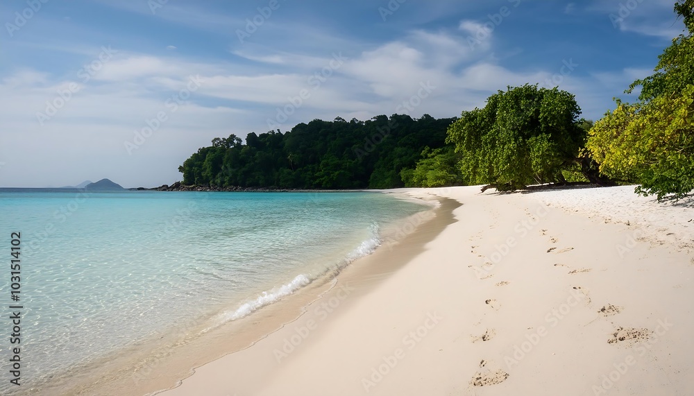 Crystal-clear waters lap against pristine white sands on a tropical island, creating a picturesque seascape under a vibrant blue sky Crystal-clear waters lap against pristine white sands on a tropical island, creating a picturesque seascape under a vibrant blue sky