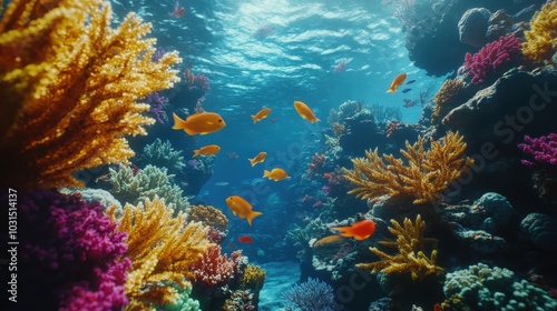 Vibrant Underwater Scene with Colorful Coral Reef and Fish Swimming in the Sunlight.