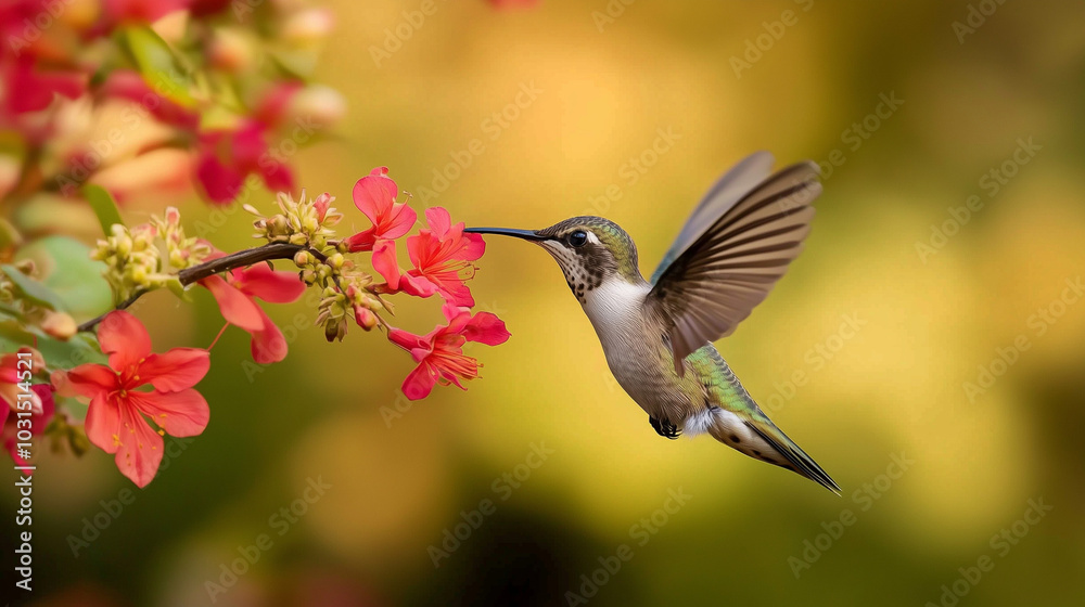 Naklejka premium A tiny hummingbird suspended in mid-air, its wings a blur of motion as it drinks nectar from a cluster of vibrant red flowers. v3