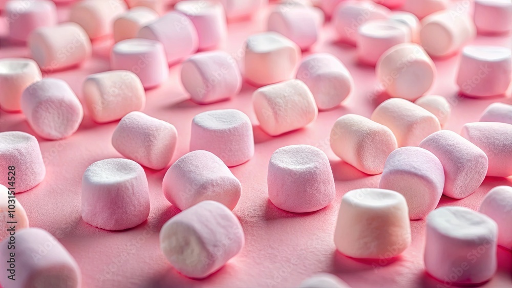 A delicate arrangement of fluffy marshmallows scattered across a pastel pink surface, showcasing their soft texture and inviting sweetness.
