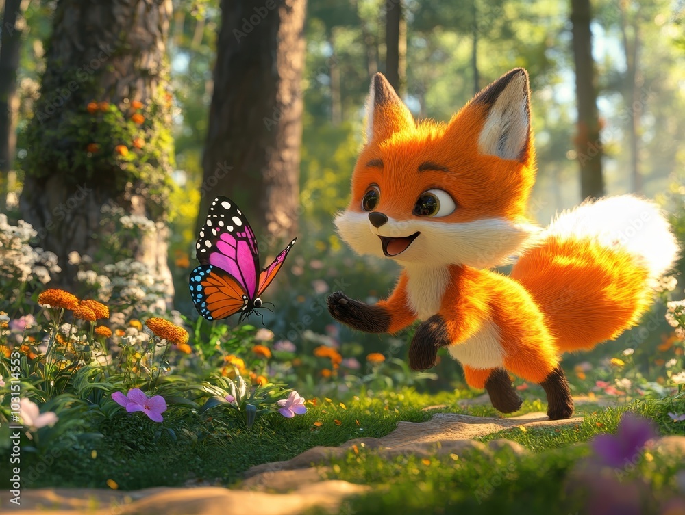 Fototapeta premium Cute Cartoon Fox Walking in a Forest with a Butterfly and Flowers - 3D Render