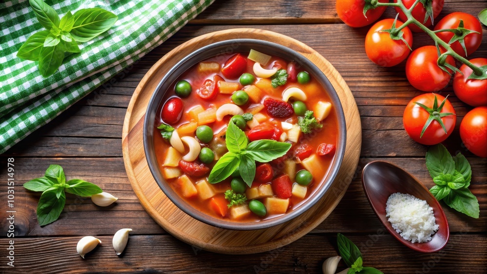 Steaming bowl of minestrone soup with fresh vegetables and tomato sauce , Italian, classic dish, healthy Steaming bowl of minestrone soup with fresh vegetables and tomato sauce , Italian, classic dish, healthy