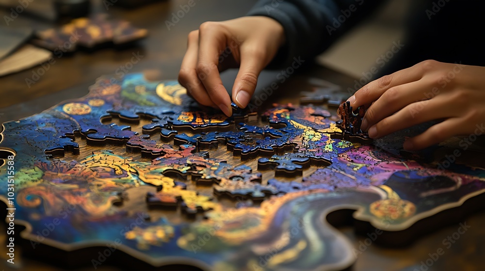 Close-up of hands assembling a colorful wooden jigsaw puzzle on a table. Close-up of hands assembling a colorful wooden jigsaw puzzle on a table.