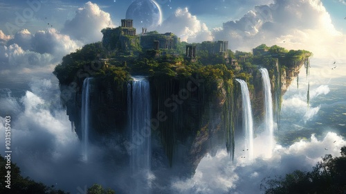 Fantasy Floating Island with Ancient Ruins, Waterfalls and Lush Greenery in a Cloudy Sky
