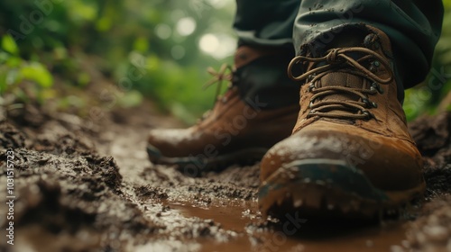 Hiking Boots on a Rainy Forest Trail