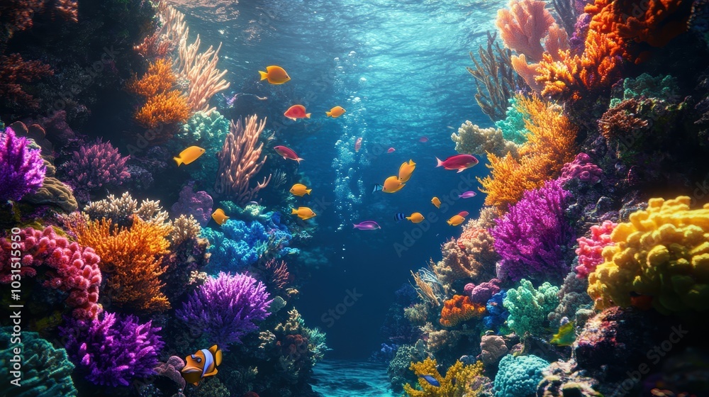 Obraz premium Vibrant Underwater Coral Reef with Colorful Fish and Sunbeams.