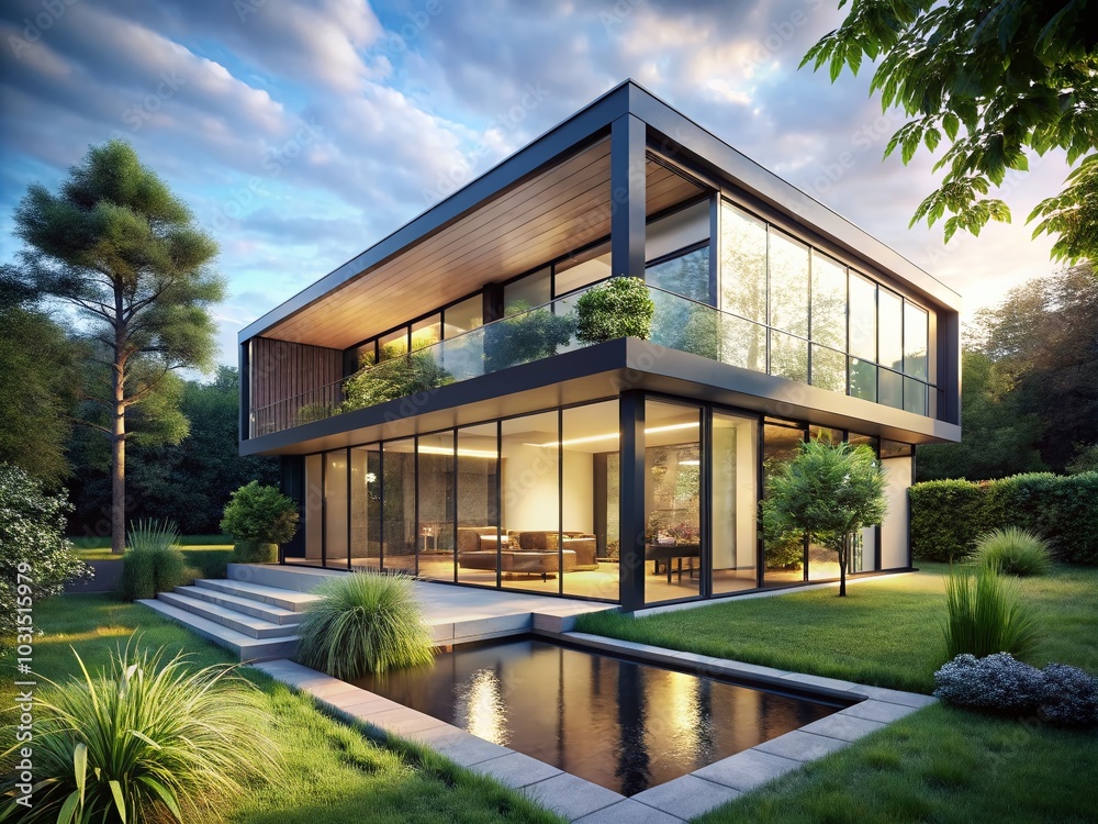 Fototapeta premium Modern Minimalist House Design with Glass and Metal Elements in Lush Greenery