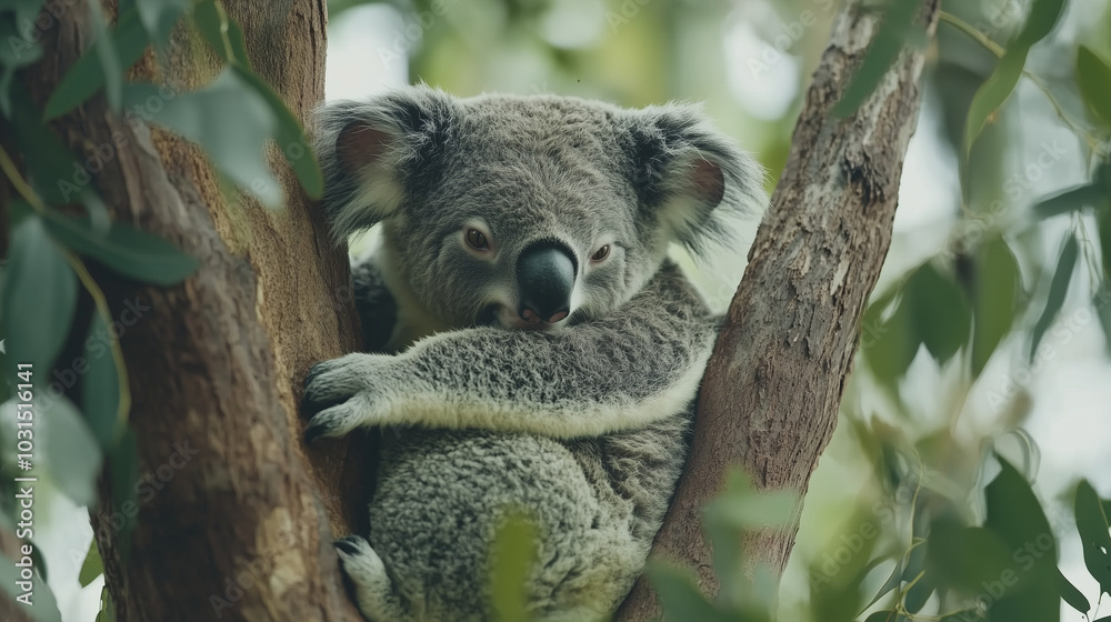 Obraz premium A mother koala and her baby nestled comfortably in the branches of a eucalyptus tree. v3