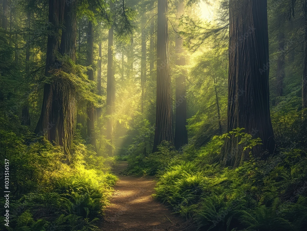 Naklejka premium Sunbeams Through Redwood Forest Path - Mystical Nature Trail Photography