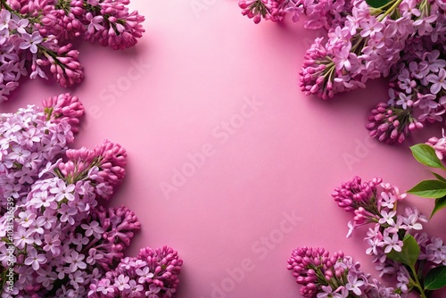 Pink background with lilac flowers arranged in geometric order