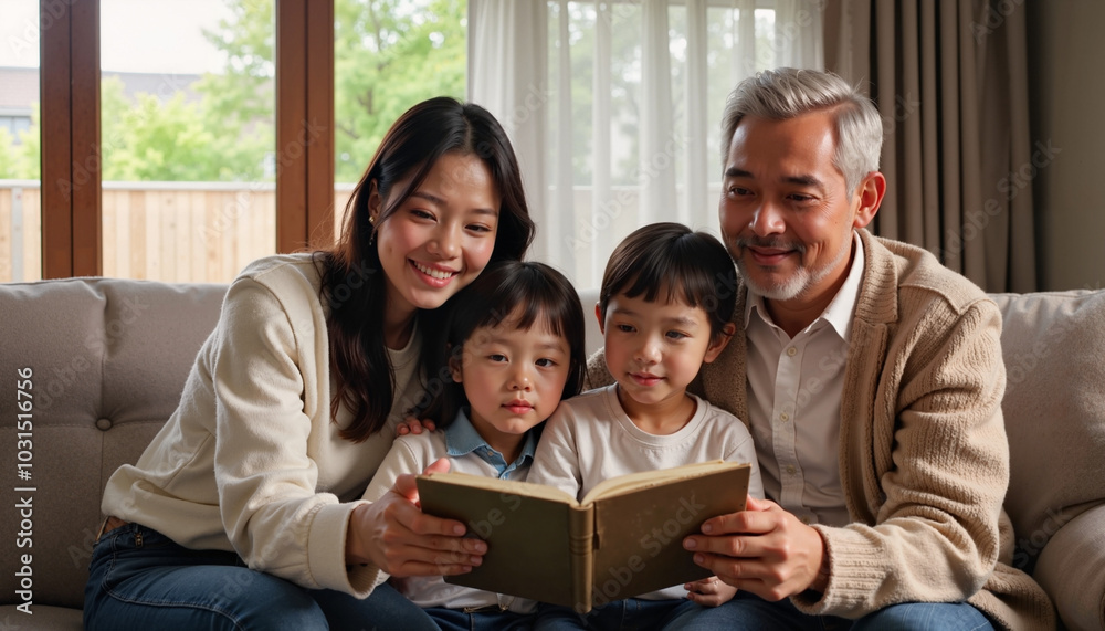 Asian family reading storybook together on living room sofa. Asian family reading storybook together on living room sofa.